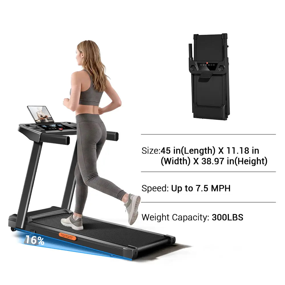 Stay Fit Efficiently! Folding Incline Treadmill With Handle, 3.0HP Quiet Motor 300Lbs Capacity LED Screen Fitness Machine For Home Office
